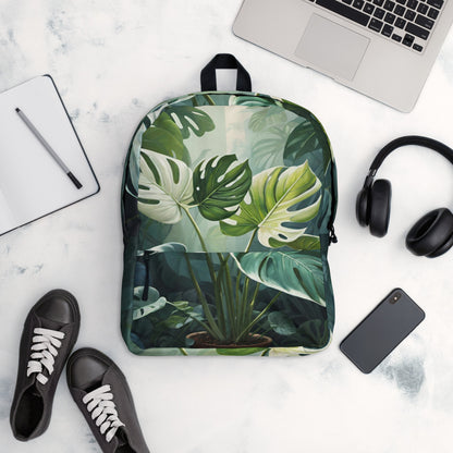 Tropical monstera leaf student backpack with vibrant botanical print design