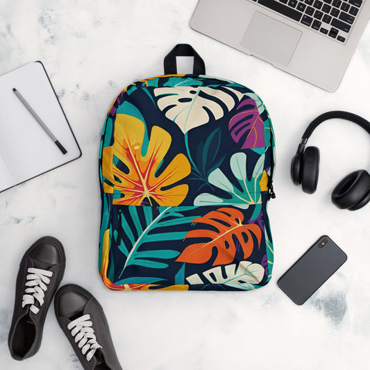 Vibrant rainbow tropical leaves student backpack with colorful foliage pattern