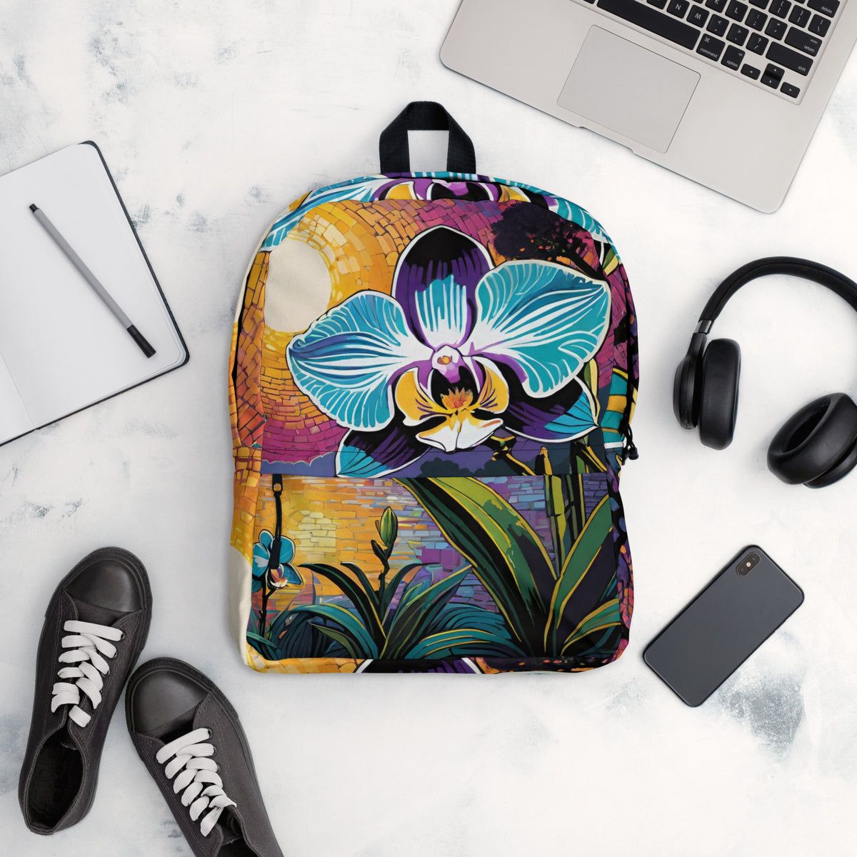 Tropical sunset lake student backpack with blue orchid floral print for back to school
