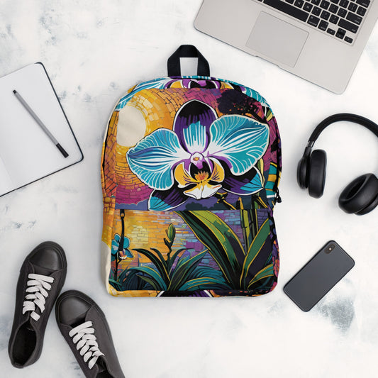 Tropical sunset lake student backpack with blue orchid floral print for back to school