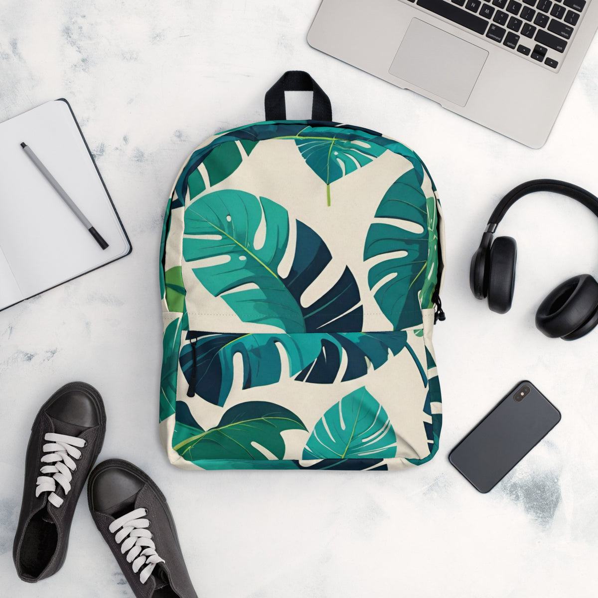 Teal monstera leaf tropical print student backpack for back to school and college
