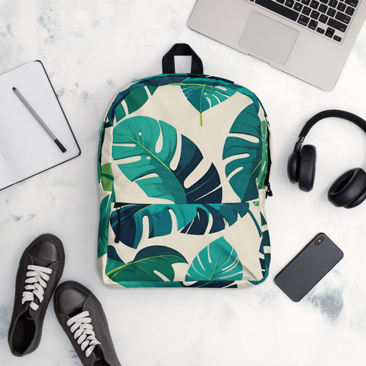Teal monstera leaf tropical print student backpack for back to school and college
