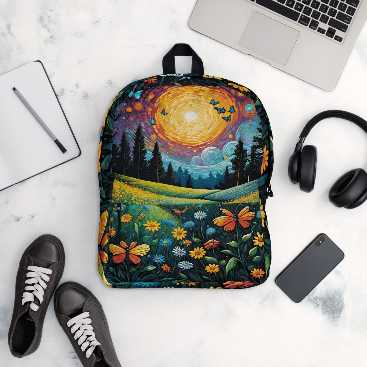 Sunset wildflower floral print student backpack for back to school and college