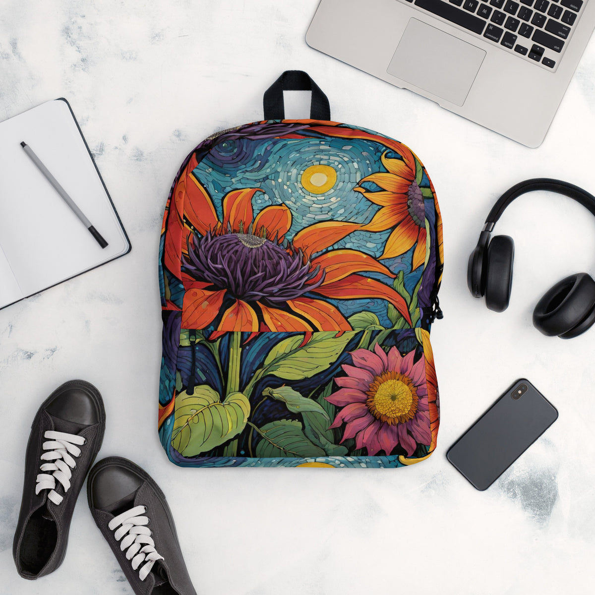 Vibrant sunflower backpack with bright rainbow floral botanical print on white background