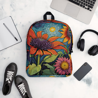 Vibrant sunflower backpack with bright rainbow floral botanical print on white background