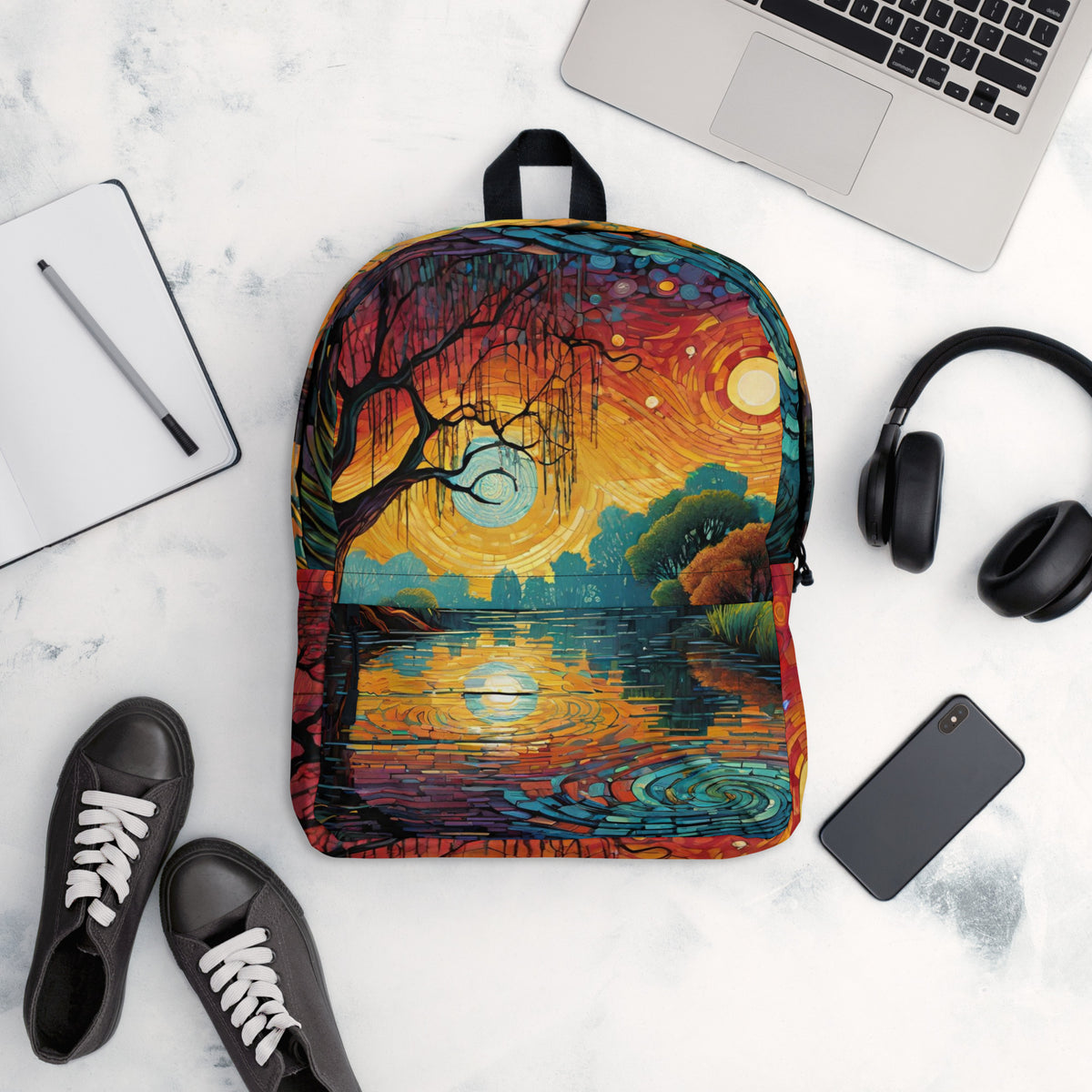 Golden hour scenic backpack with warm sunset landscape print on white background