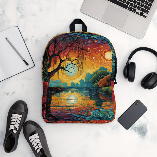 Golden hour scenic backpack with warm sunset landscape print on white background