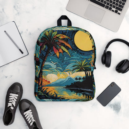 Tropical sunset backpack with vibrant beach and sunset print on white background