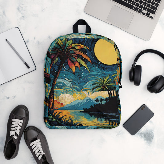 Tropical sunset backpack with vibrant beach and sunset print on white background