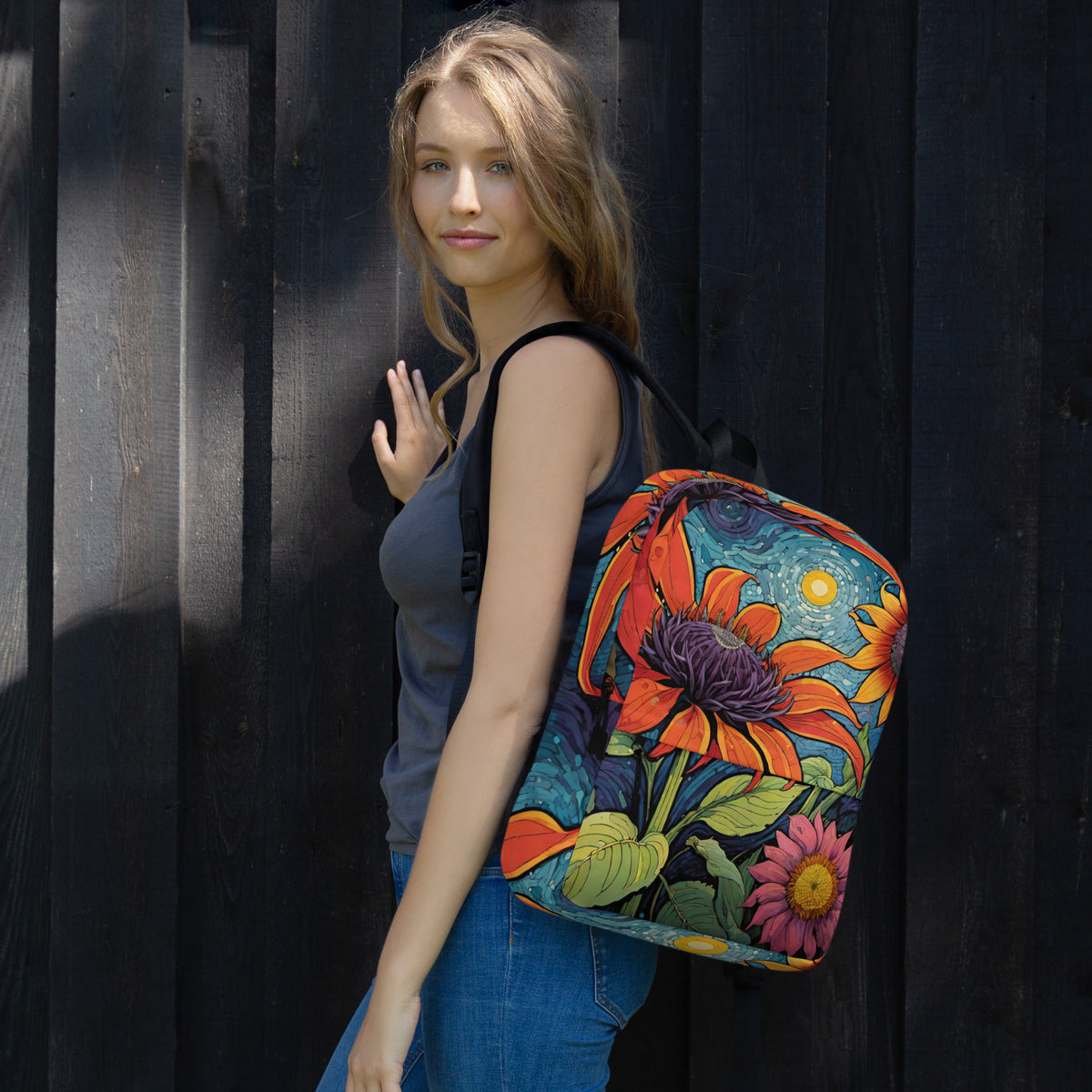 Vibrant Sunflower Backpack | Rainbow Floral Student Daypack by O'Mama Hills