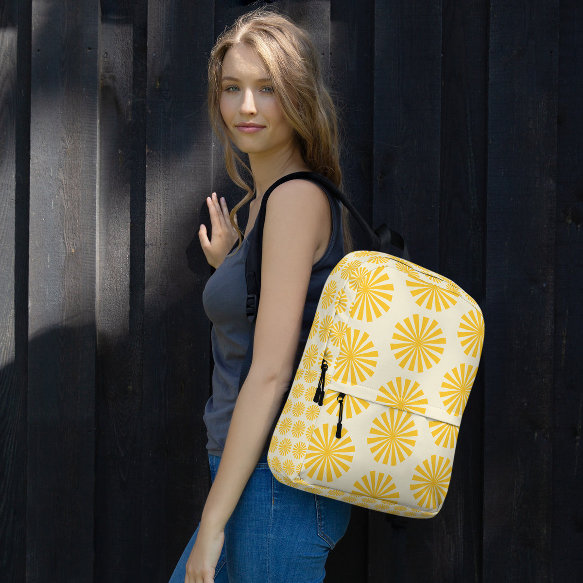Sunburst Yellow Backpack | Retro Geometric College Daypack by O'Mama Hills