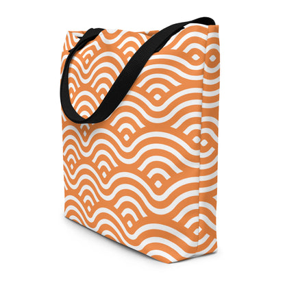 Large tote bag with orange and white Japanese seigaiha scalloped wave pattern, choice of handle colors