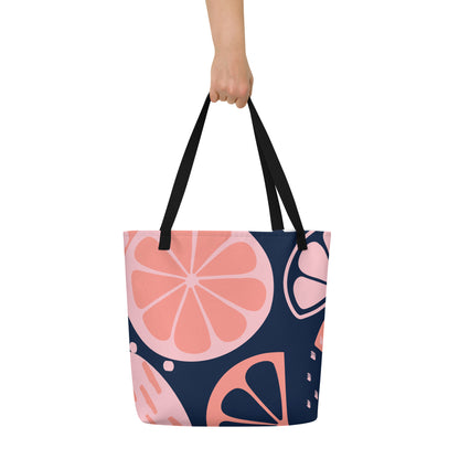 Navy Grapefruit Large Tote Bag | Pink & Coral Citrus Carryall