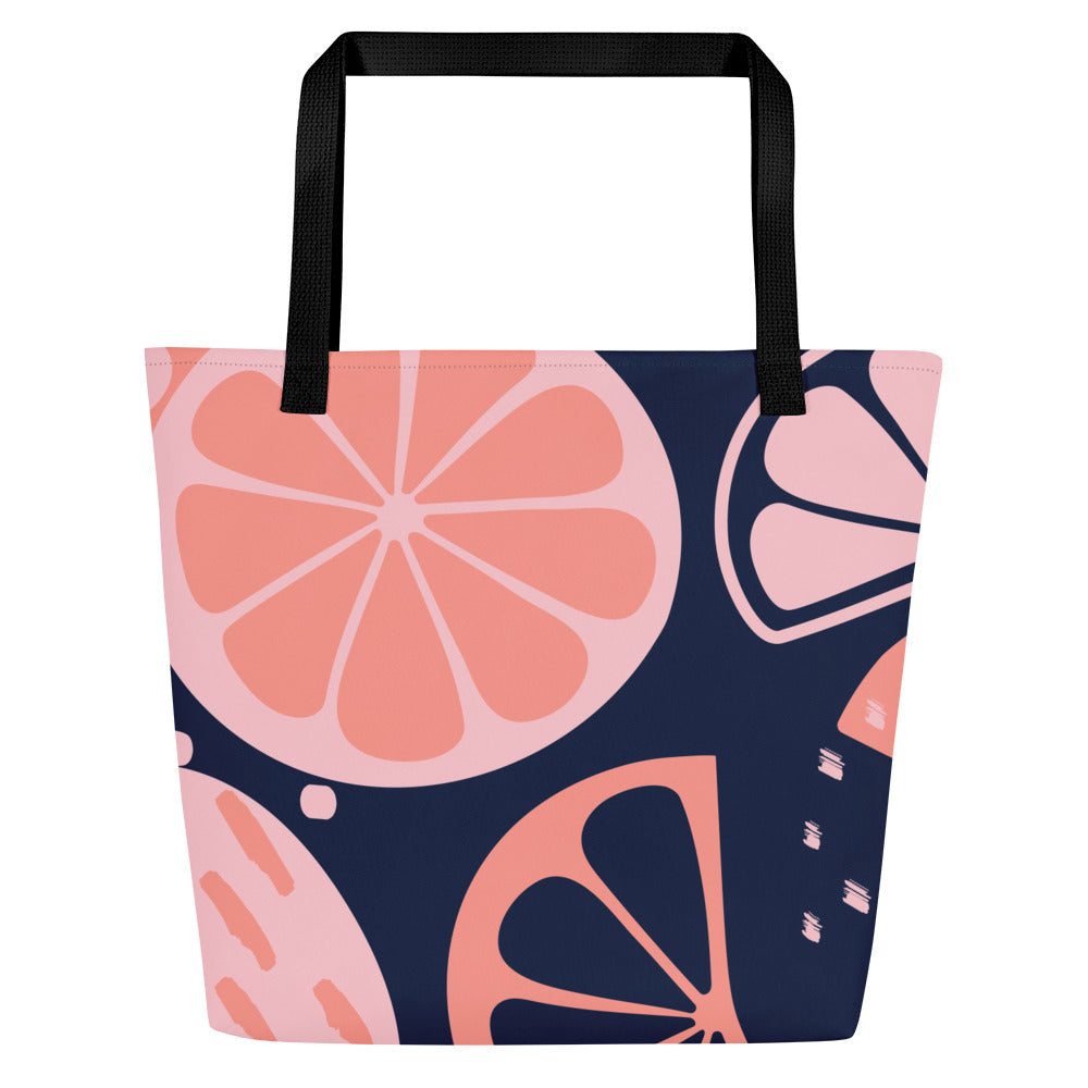 Navy Grapefruit Large Tote Bag | Pink & Coral Citrus Carryall
