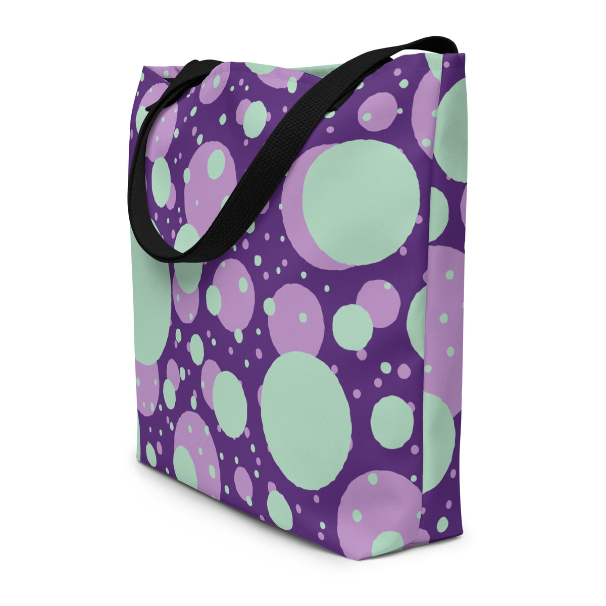Vibrant all-over print large tote bag with colorful artwork for everyday use on durable canvas