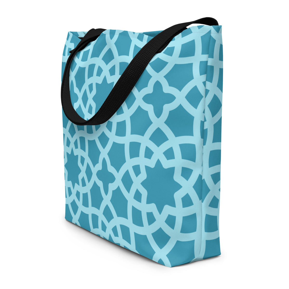Trendy chic large tote bag with fashionable all-over print artwork on durable canvas material