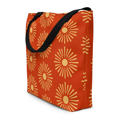 Hand-designed vibrant all-over print XL extra-large tote bag with bold colorful original artwork on durable canvas