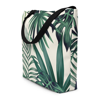 Large tote bag with tropical palm and monstera leaf print design