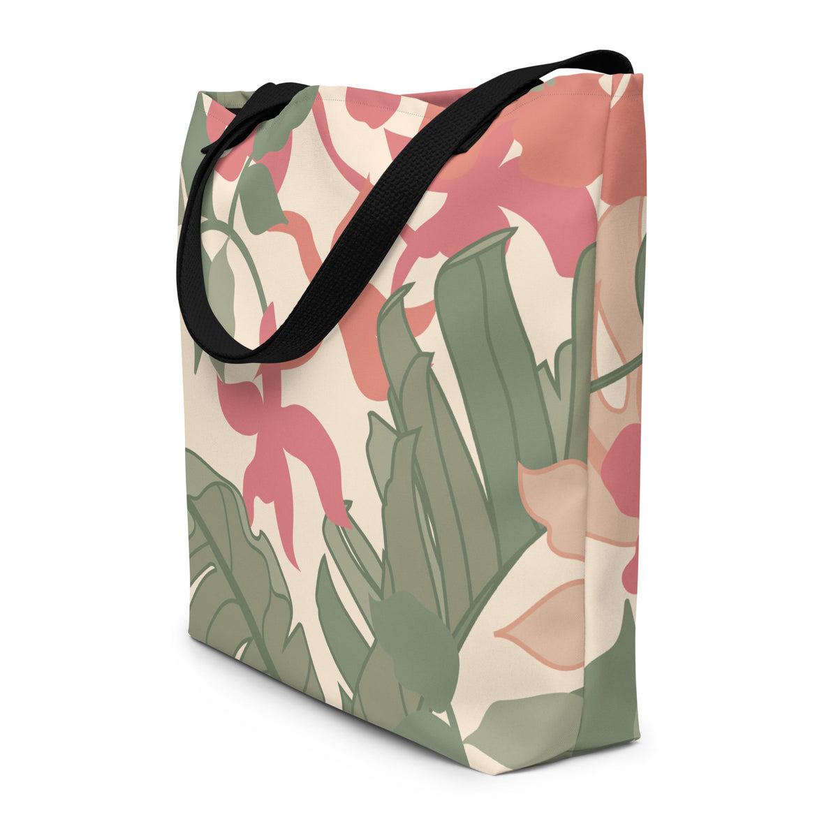 Large tote bag with vibrant tropical floral print design