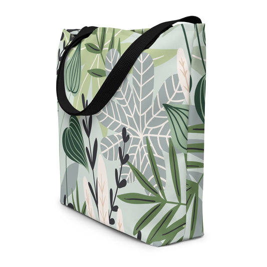 Large tote bag with tropical leaves print design