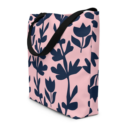 Large tote bag with spring tulip floral print design
