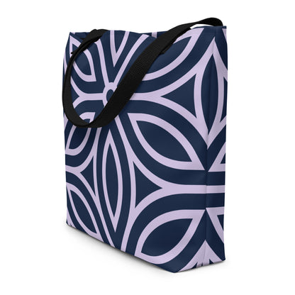 Large tote bag with blue geometric floral print design