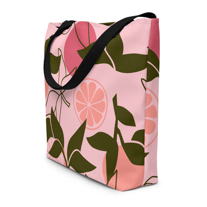 Large tote bag with spring pink grapefruit and leaf print design
