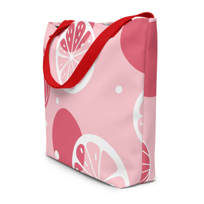 Trendy all-over print tote bag for women with stylish colorful artwork on canvas material