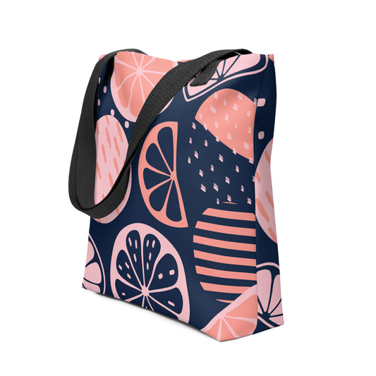 Hand-designed eco chic canvas tote with sustainable print on white background