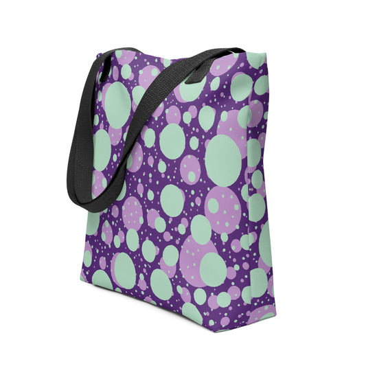 Trendy all-over print tote bag with bold colorful design on durable canvas
