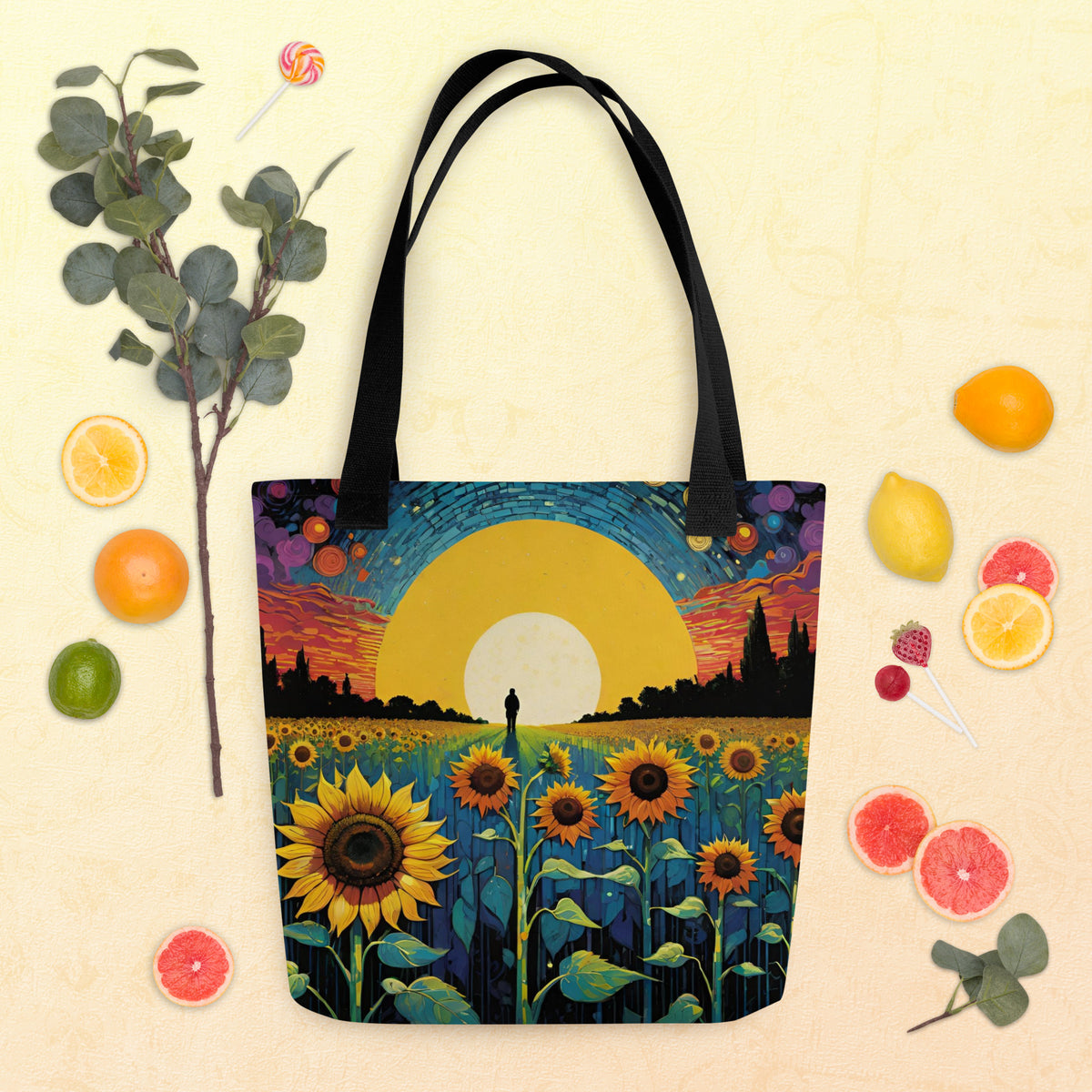 Eco-friendly canvas tote bag with hand-designed sustainable print on white background