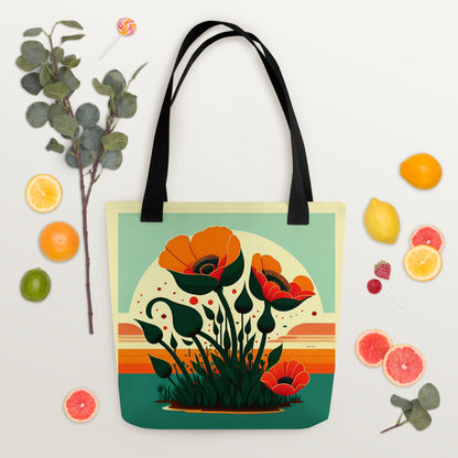 Vintage red poppy floral tote bag with classic botanical print design