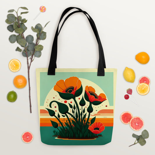 Vintage red poppy floral tote bag with classic botanical print design