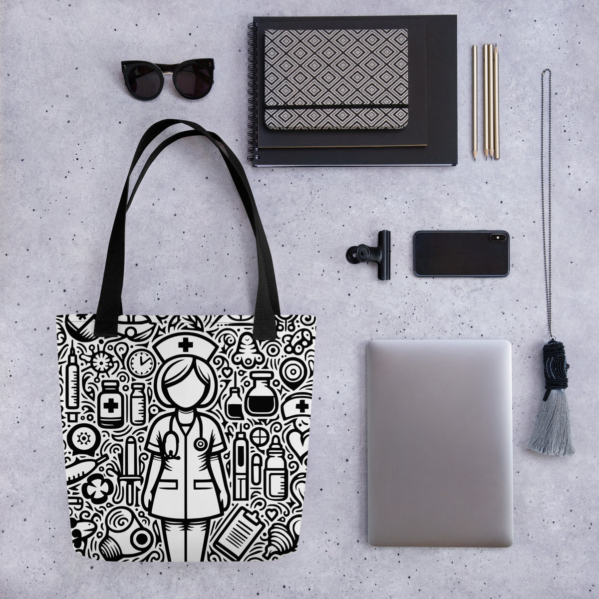Whimsical Nurse Doodle Tote Bag | Healthcare Worker Gift