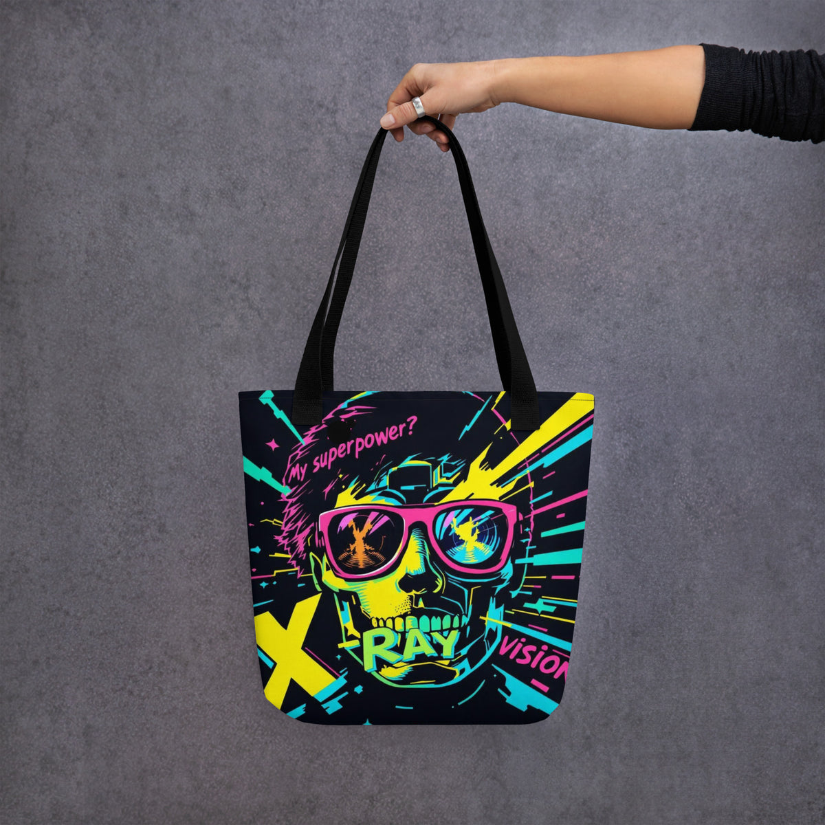 Cyberpunk Neon Skull Tote Bag | X-Ray Vision Statement Carryall