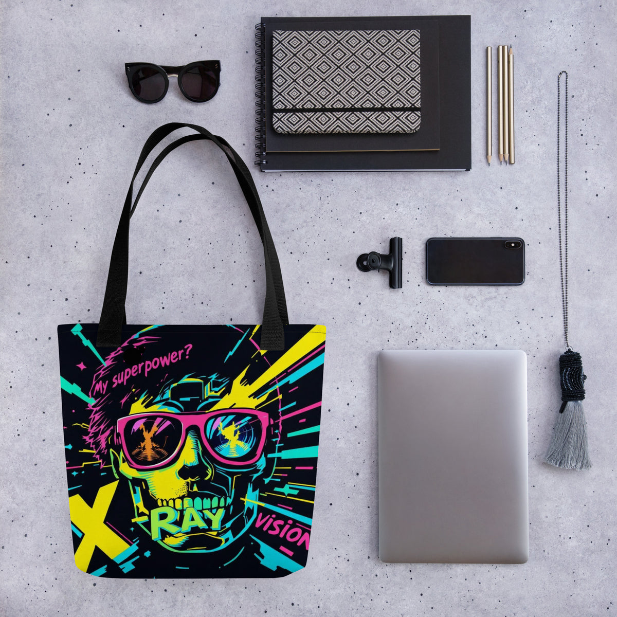 Cyberpunk Neon Skull Tote Bag | X-Ray Vision Statement Carryall