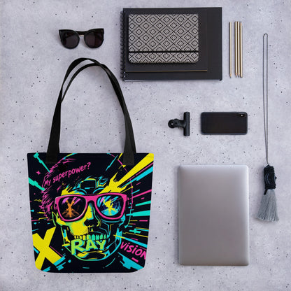 Cyberpunk Neon Skull Tote Bag | X-Ray Vision Statement Carryall