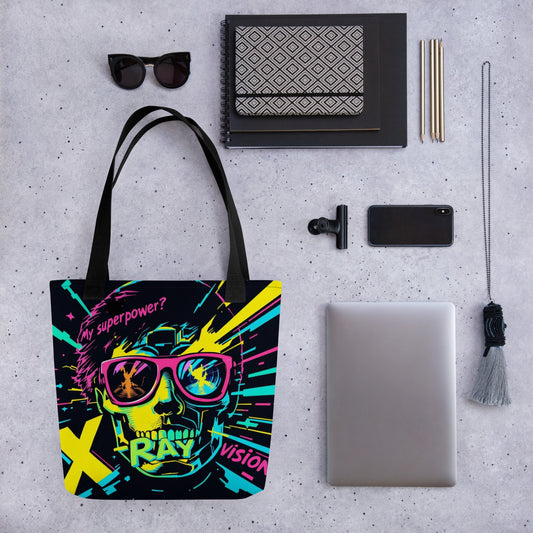 Cyberpunk Neon Skull Tote Bag | X-Ray Vision Statement Carryall