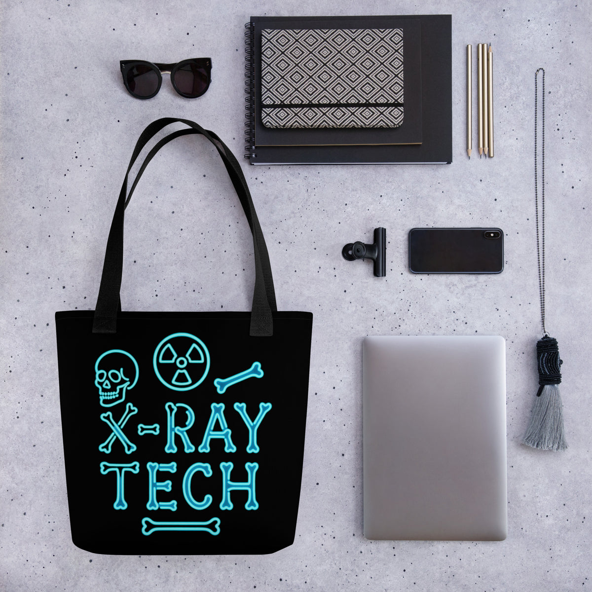Neon blue tote bag with skeleton bones and X-ray anatomical print design