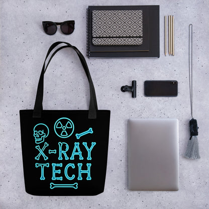 Neon blue tote bag with skeleton bones and X-ray anatomical print design