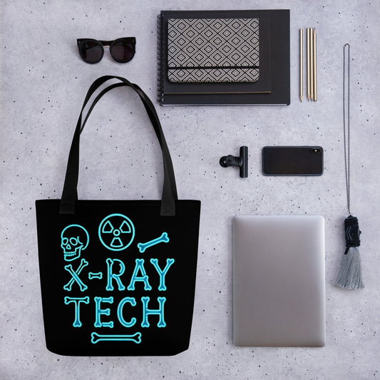 Neon blue tote bag with skeleton bones and X-ray anatomical print design
