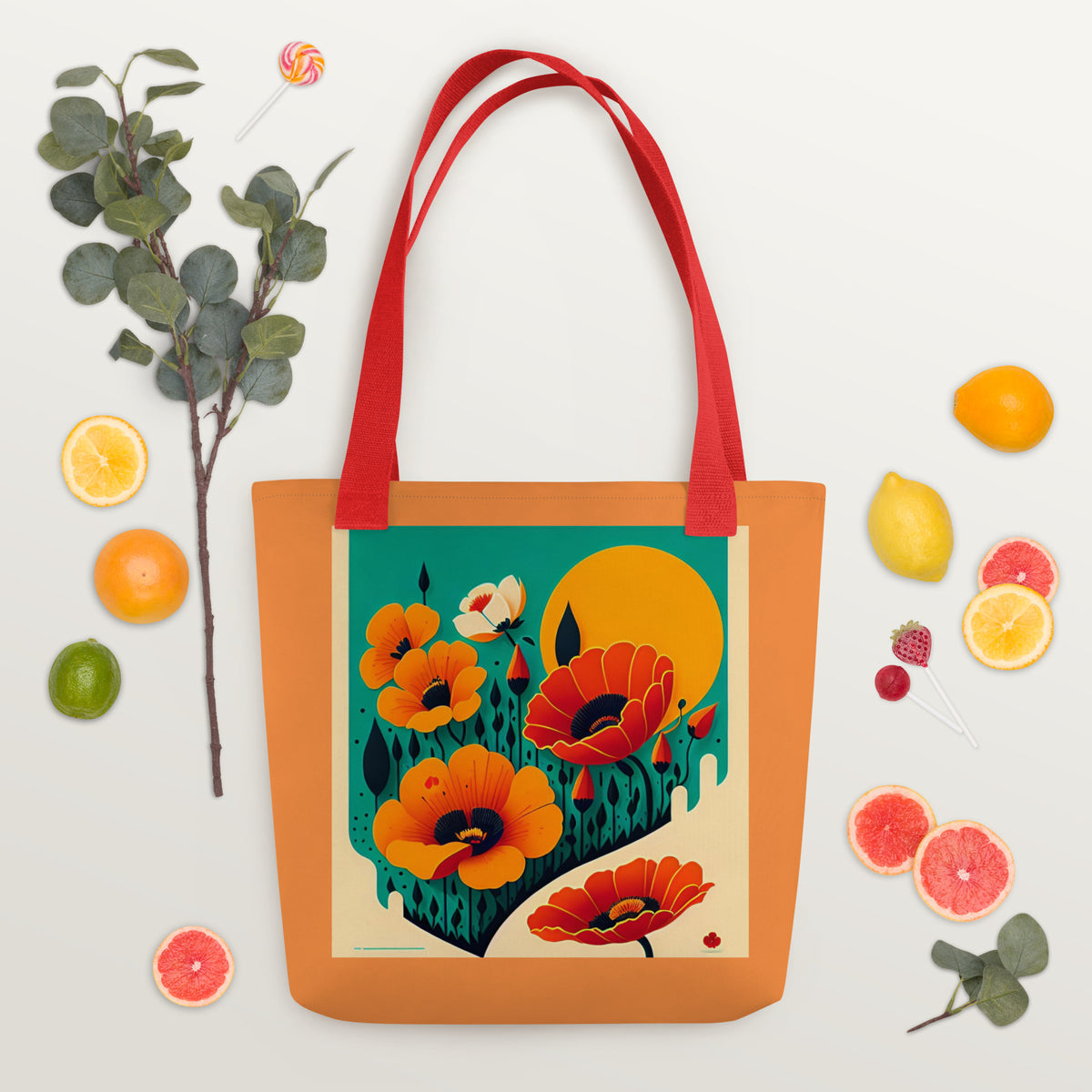 Vibrant tote bag with colorful poppy floral botanical print design