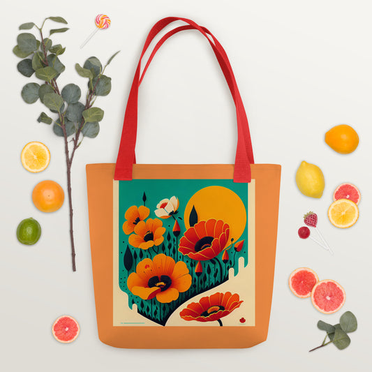 Vibrant tote bag with colorful poppy floral botanical print design