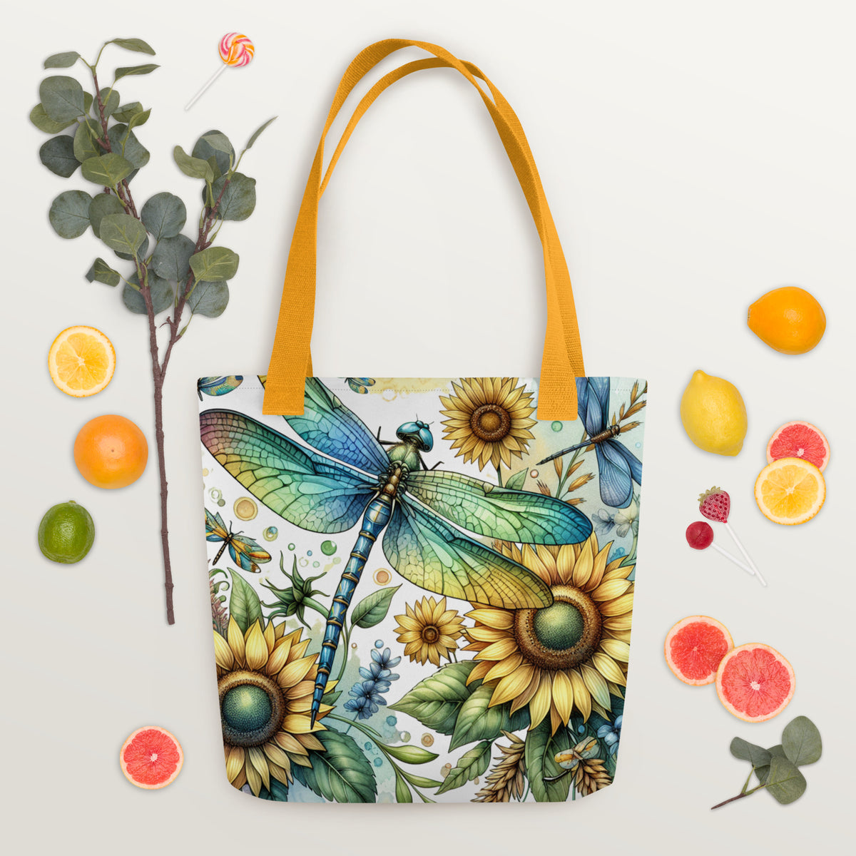 Tote bag with sunflower and dragonfly botanical and nature print design