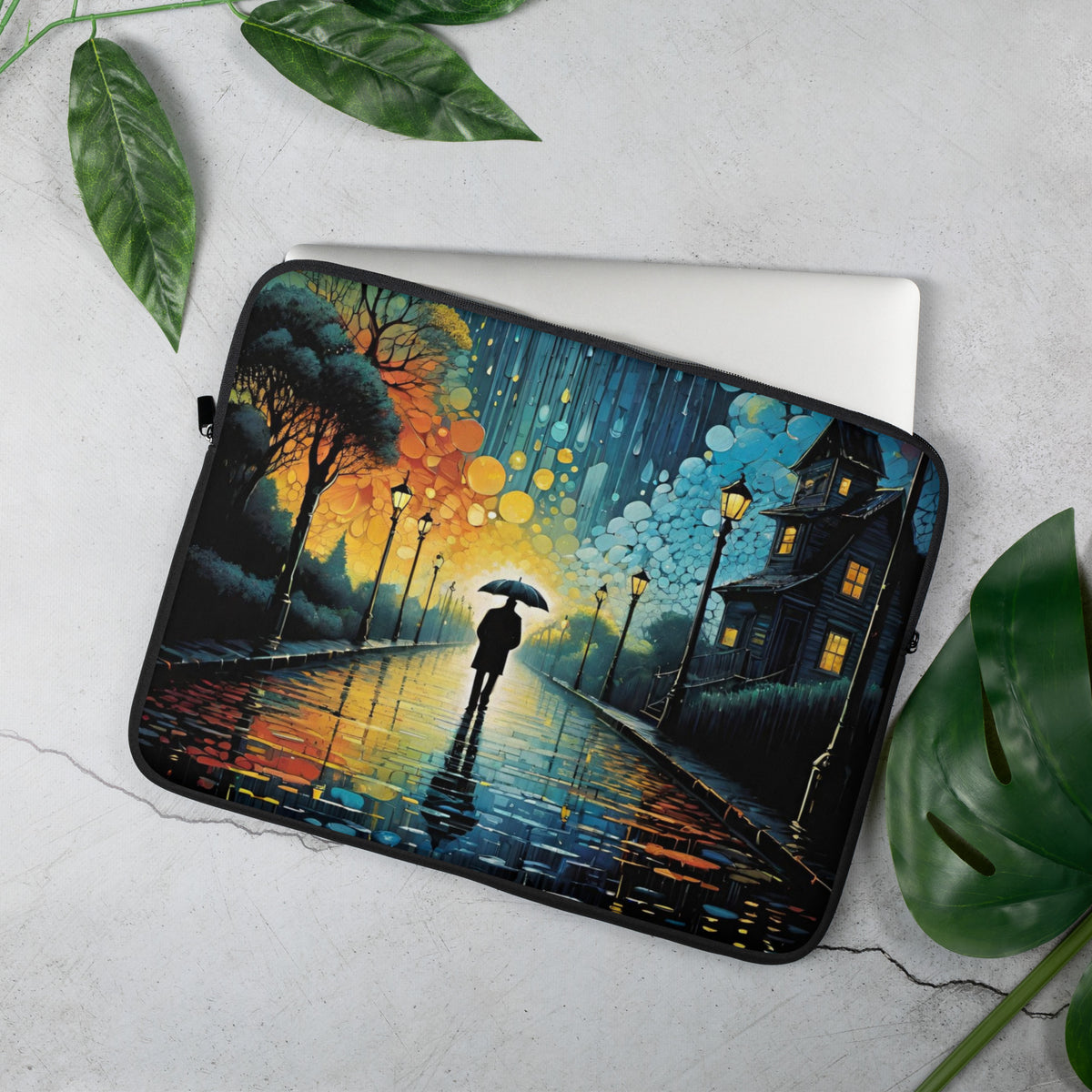 Stylish Autumn Rain Laptop Sleeve | Cozy Street Scene Tech Case