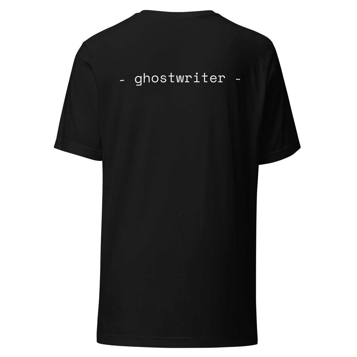 Black t-shirt back with mono text '- ghostwriter -' printed at upper back