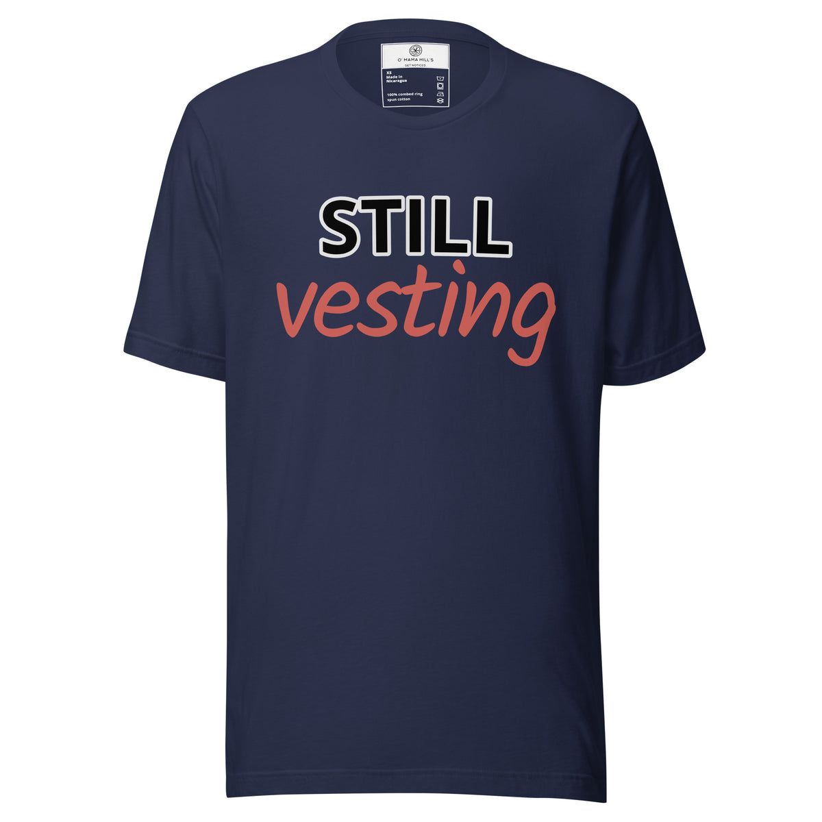 Navy t-shirt with bold white 'STILL' and rust-orange script 'vesting'