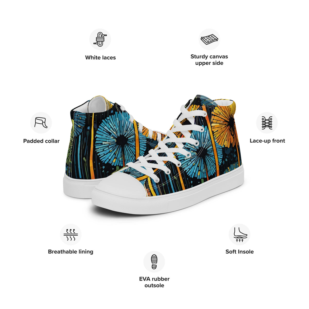 Dandelion Wish High Top Canvas Shoes | Hand-Drawn Botanical Sneakers